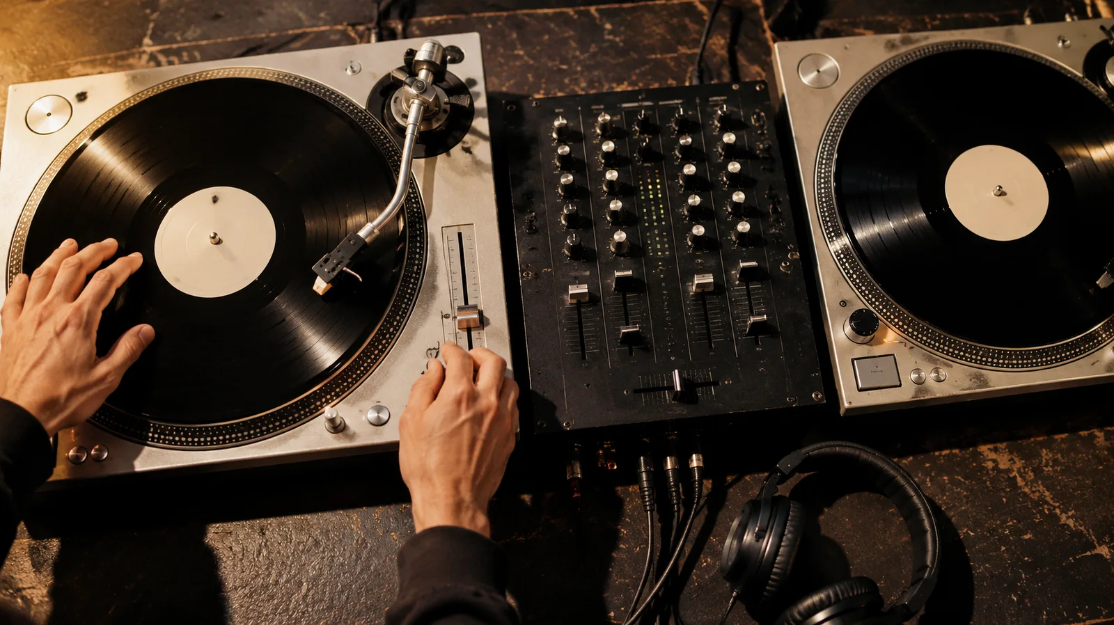 Editorial illustration of hands adjusting a turntable platter and its pitch fader