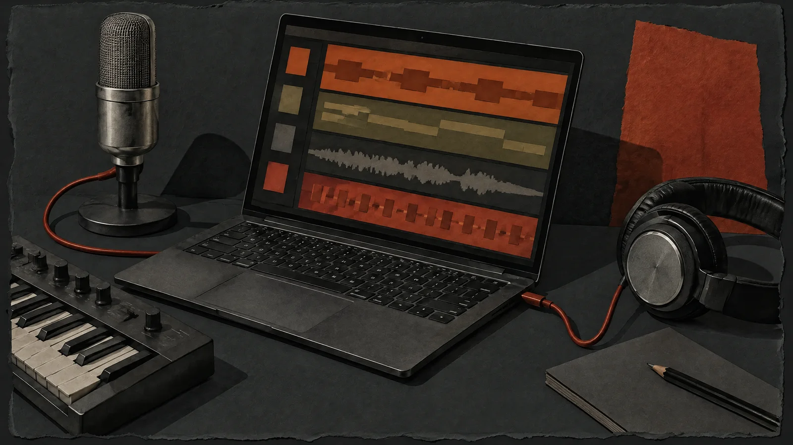 Editorial collage of a laptop, microphone, MIDI keyboard and headphones forming a music workspace
