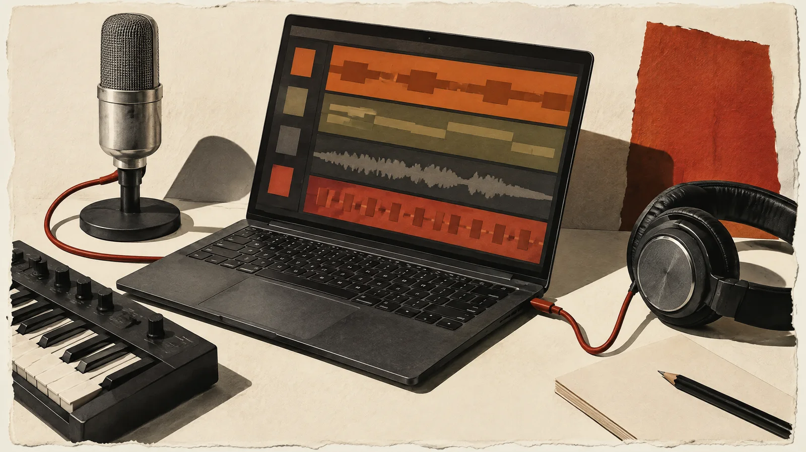 Editorial illustration of a computer-based recording and composition workspace