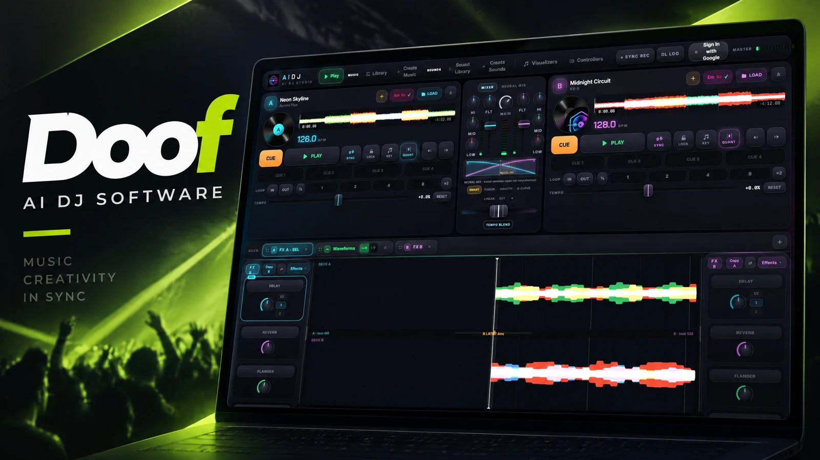 Doof branded preview featuring its two-deck DJ interface