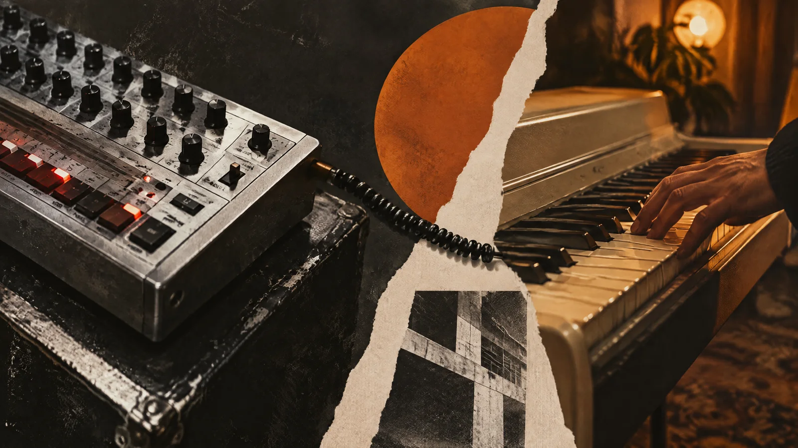 Editorial collage contrasting a drum machine and a played piano keyboard