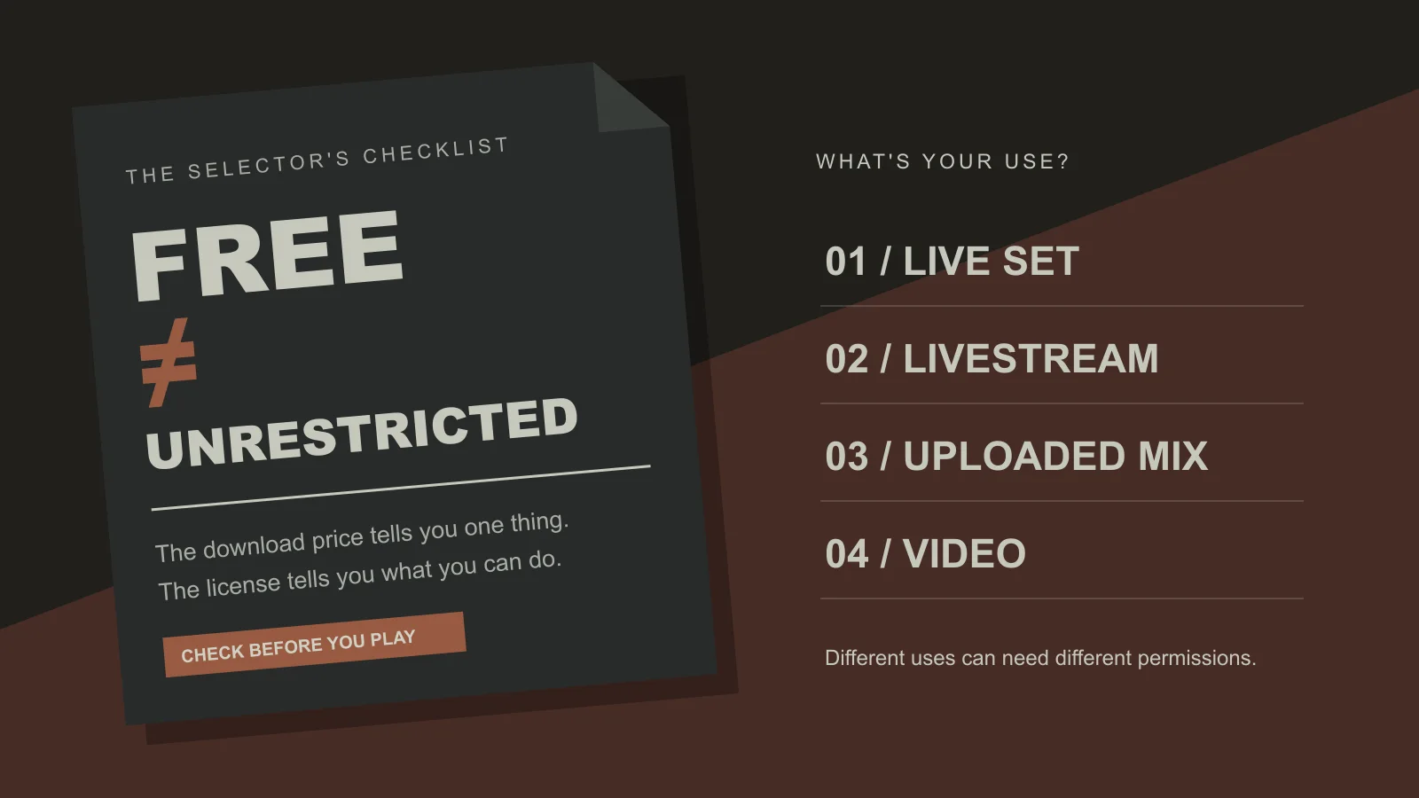 Free does not mean unrestricted: check permission for live sets, livestreams, uploaded mixes and videos
